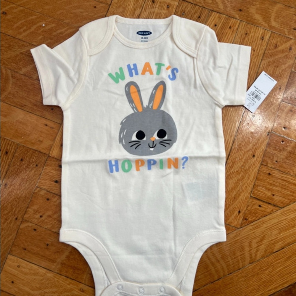 Old Navy Cream Baby Onesie with Gray Bunny and Multicolor Lettering